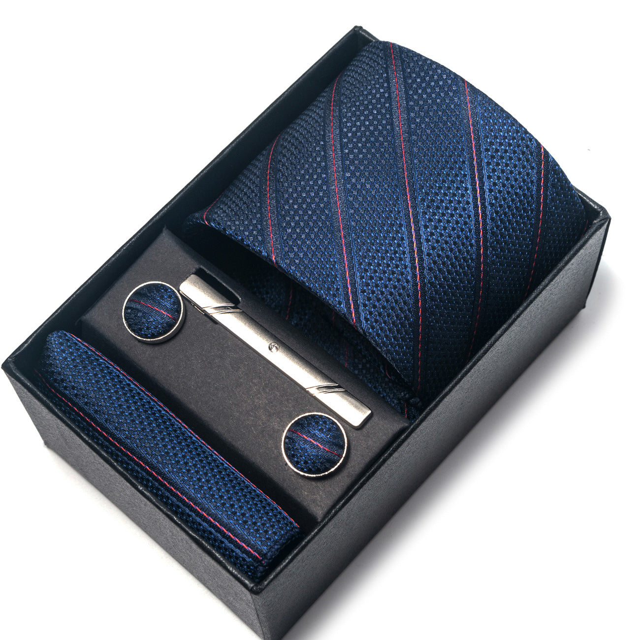 Navy Blue Stripe Necktie Set / Pocket Square Tie Bowtie Cufflinks Set / Wedding Tie / Tie Clips / Gift for him Mens Groomsmen Gift