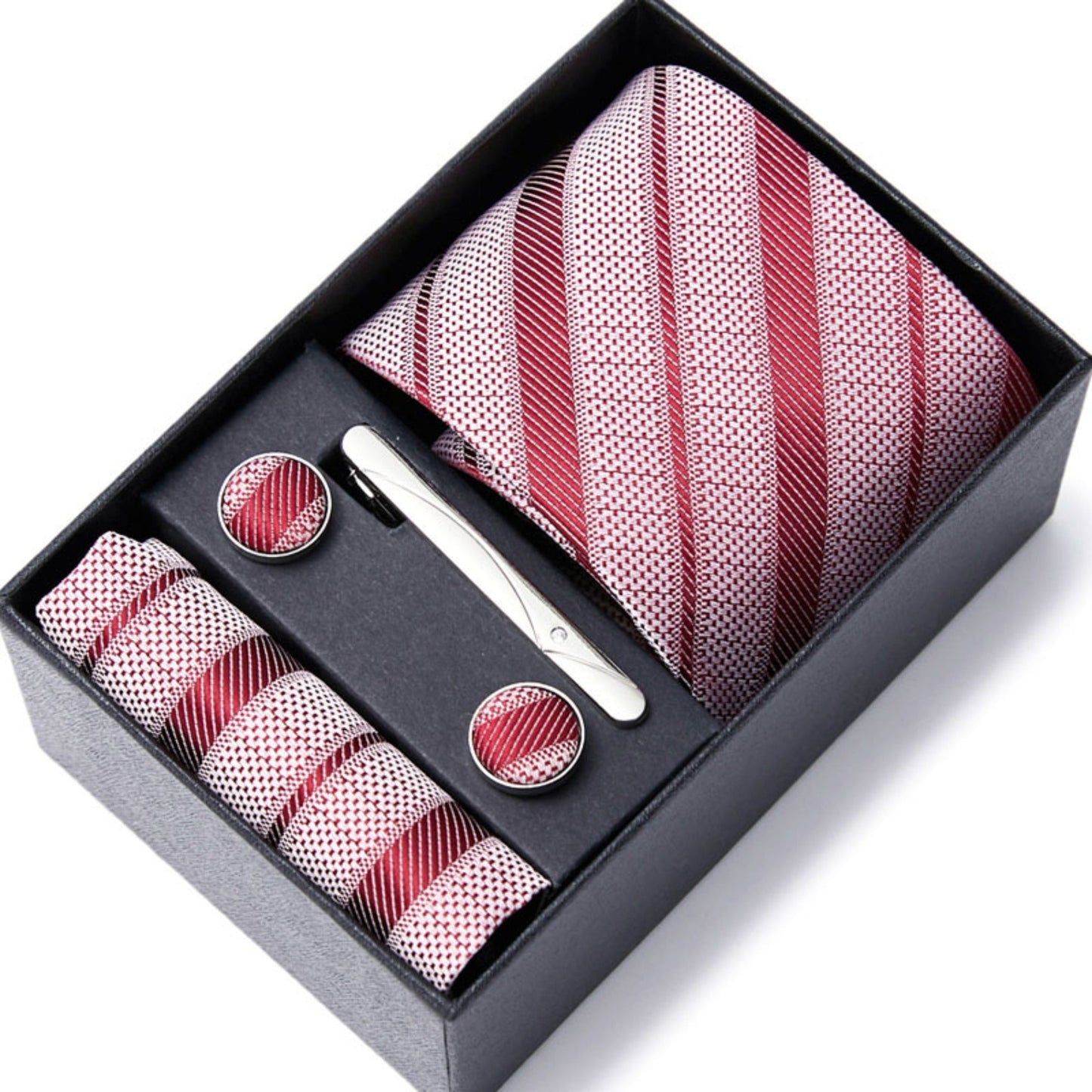 Red and White Stripe Tie Set / Pocket Square, Bowtie, Tie Clip, Cufflinks / Gift for Him / Wedding Groomsmen Gift / Men Gift Box