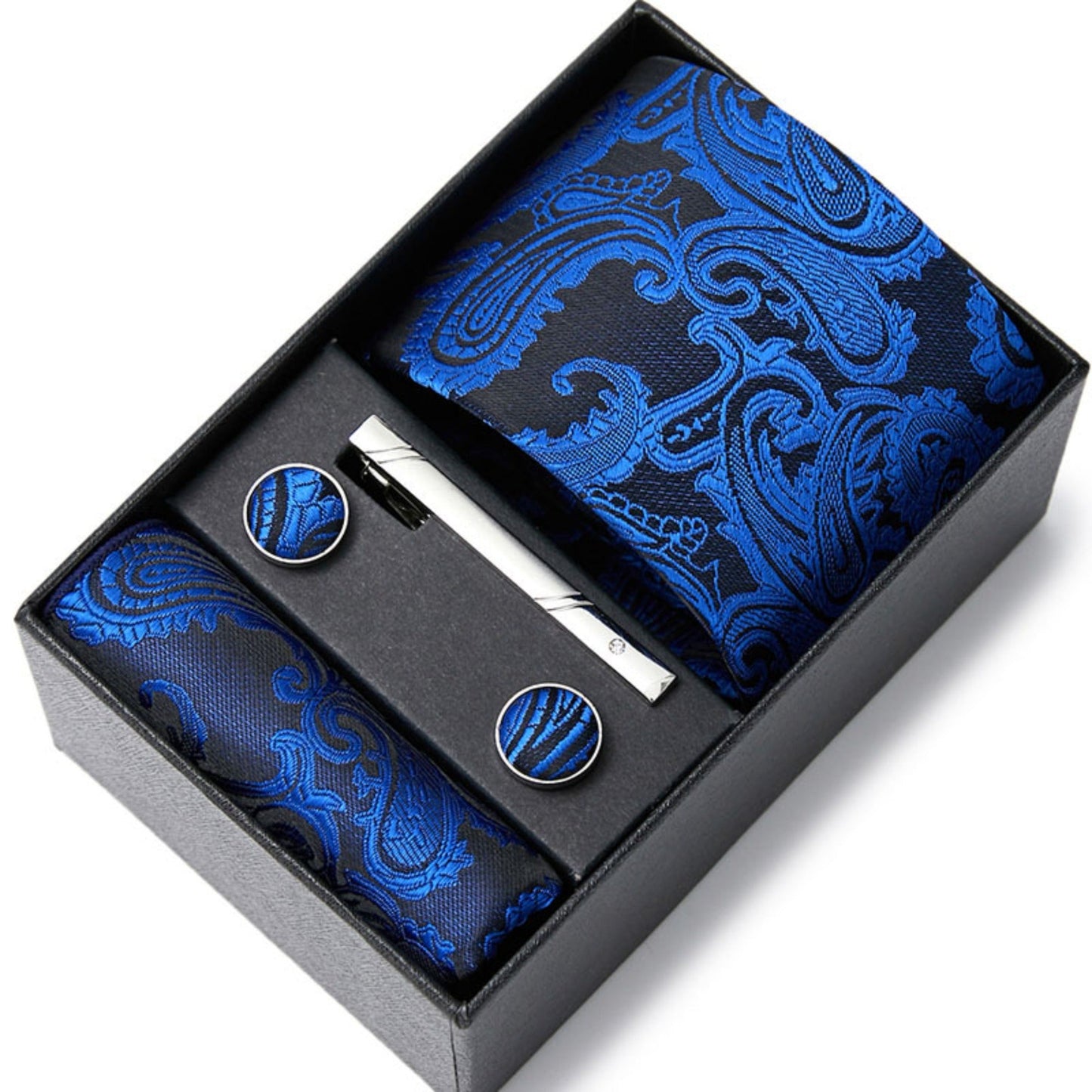 Royal Blue Paisley Tie Set / Pocket Square, Bowtie, Tie Clip, Cufflinks / Gift for Him / Wedding Groomsmen Gift / Men Gift Box