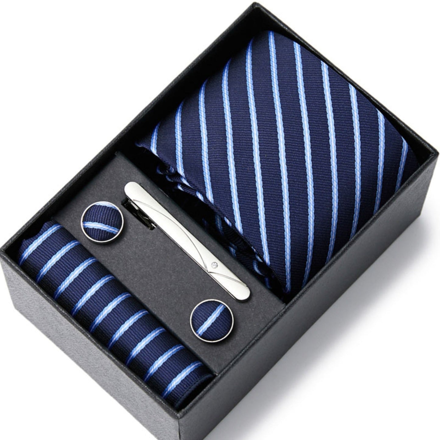 Navy Blue Stripe Tie Set / Pocket Square, Bowtie, Tie Clip, Cufflinks / Gift for Him / Wedding Groomsmen Gift / Men Gift Box