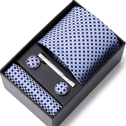 Royal Blue Sqaure Pattern Tie Set / Pocket Square, Bowtie, Tie Clip, Cufflinks / Gift for Him / Wedding Groomsmen Gift / Men Gift Box