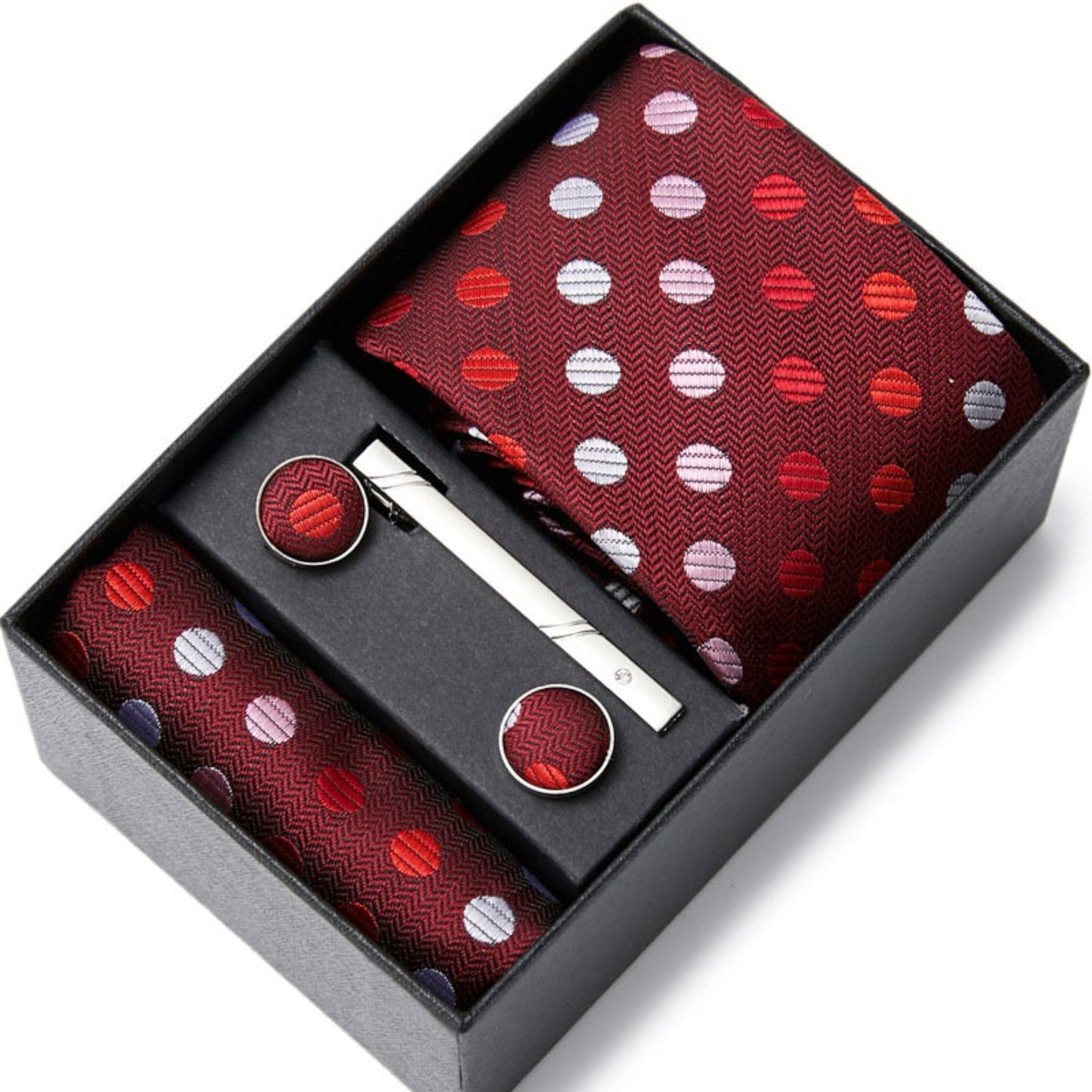 Dark Red Ball Pattern Tie Set / Pocket Square, Bowtie, Tie Clip, Cufflinks / Gift for Him / Wedding Groomsmen Gift / Men Gift Box