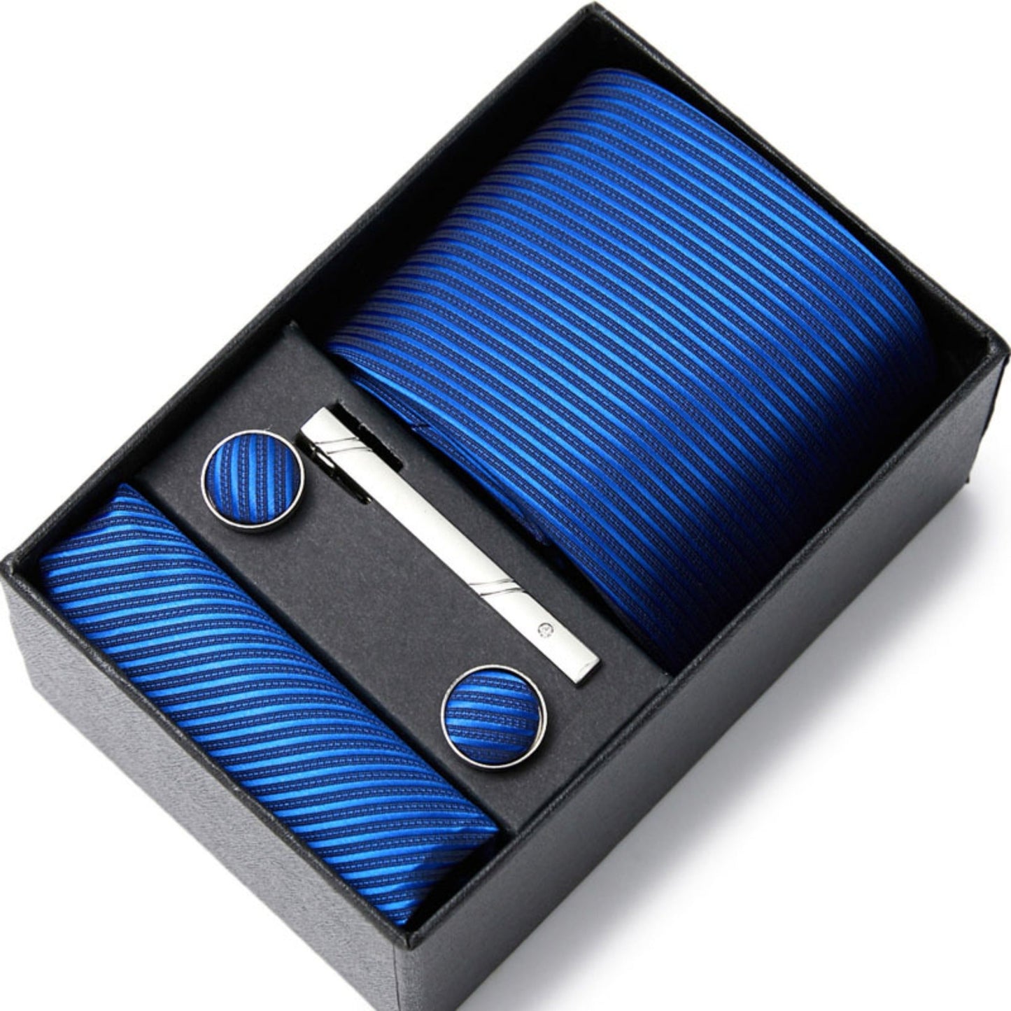 Royal Blue Stripe Tie Set / Pocket Square, Bowtie, Tie Clip, Cufflinks / Gift for Him / Wedding Groomsmen Gift / Men Gift Box