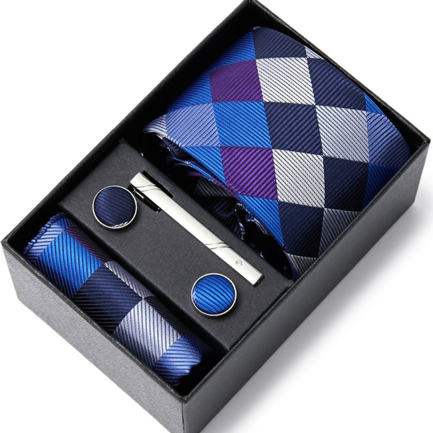 Blue and Purple Diamond Shape Tie Set / Pocket Square, Bowtie, Tie Clip, Cufflinks / Gift for Him / Wedding Groomsmen Gift / Men Gift Box