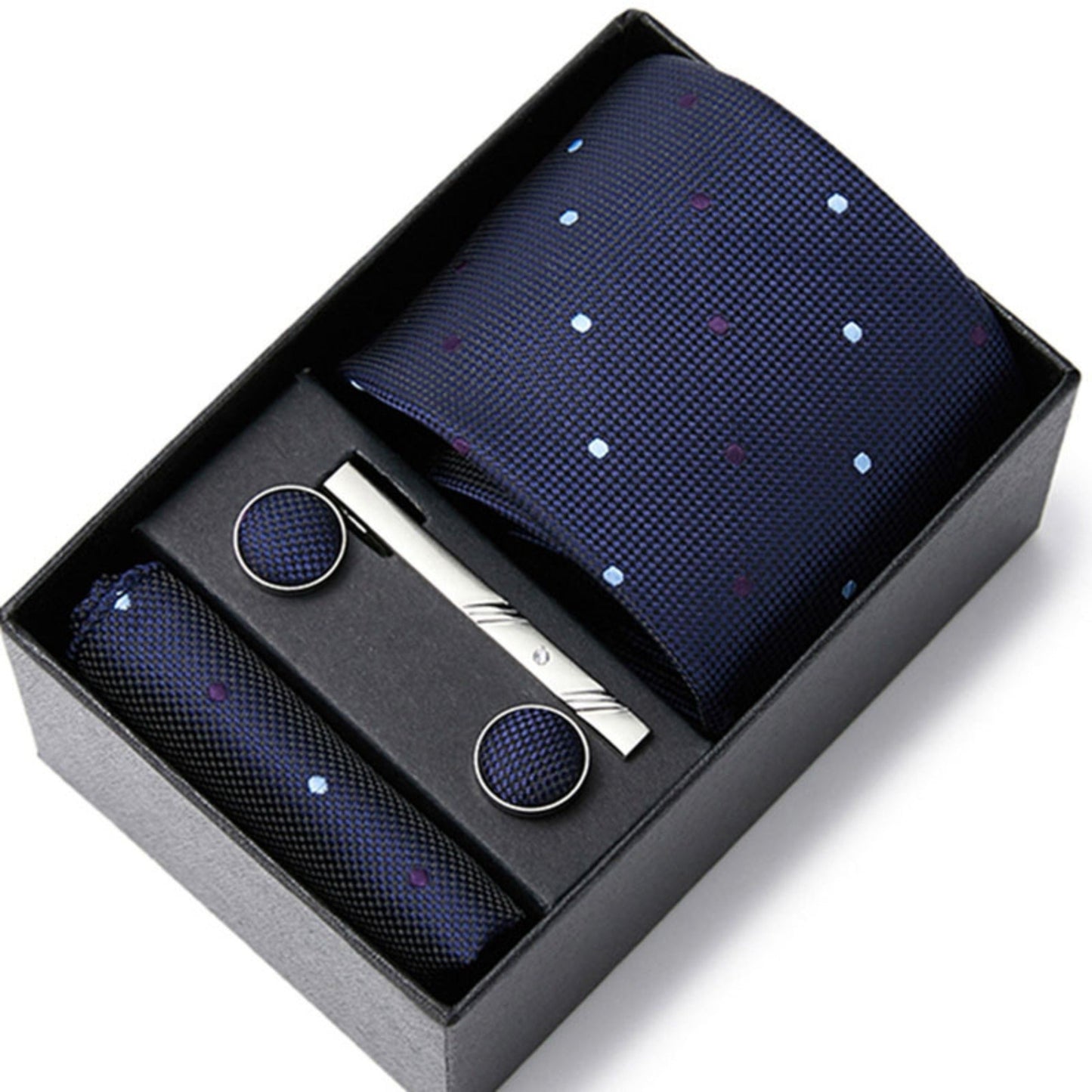 Navy Blue Dot Pattern Tie Set / Pocket Square, Bowtie, Tie Clip, Cufflinks / Gift for Him / Wedding Groomsmen Gift / Men Gift Box