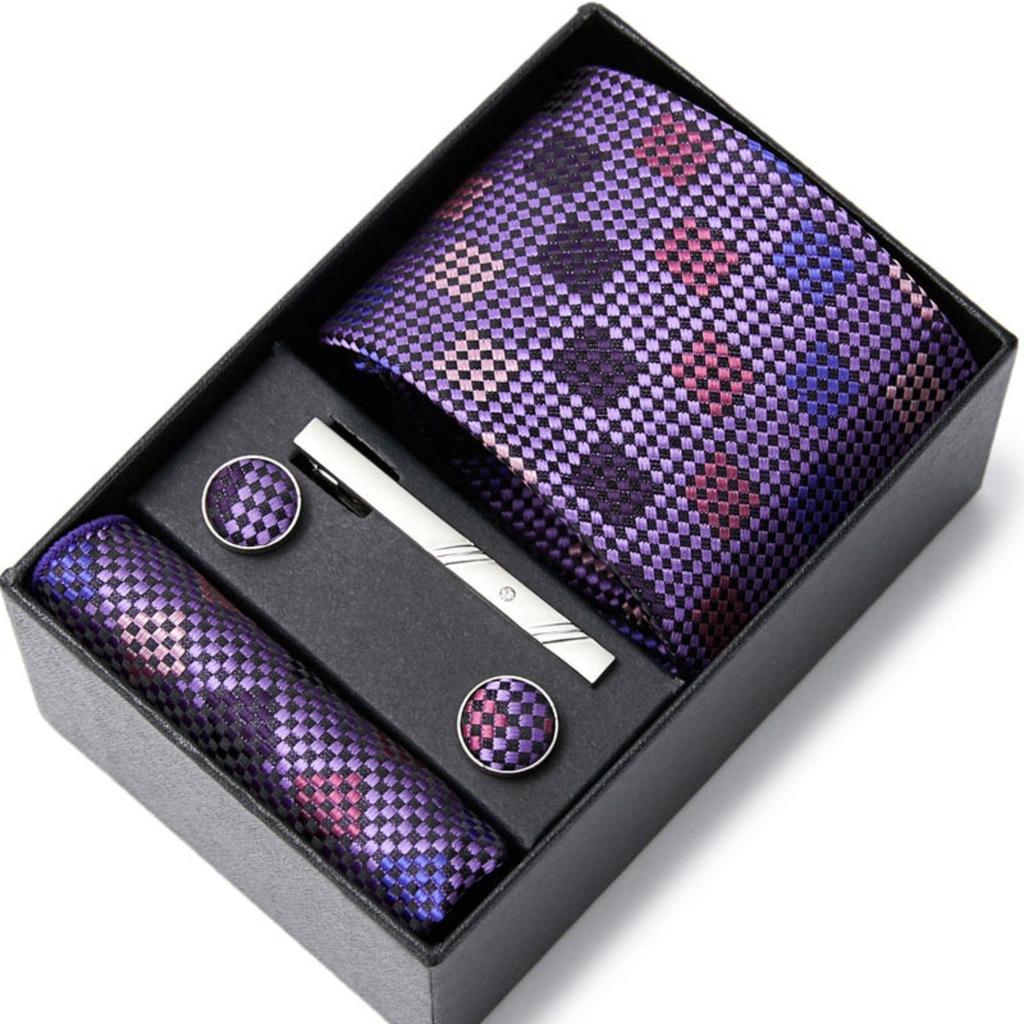 Purple Square Pattern Tie Set / Pocket Square, Bowtie, Tie Clip, Cufflinks / Gift for Him / Wedding Groomsmen Gift / Men Gift Box