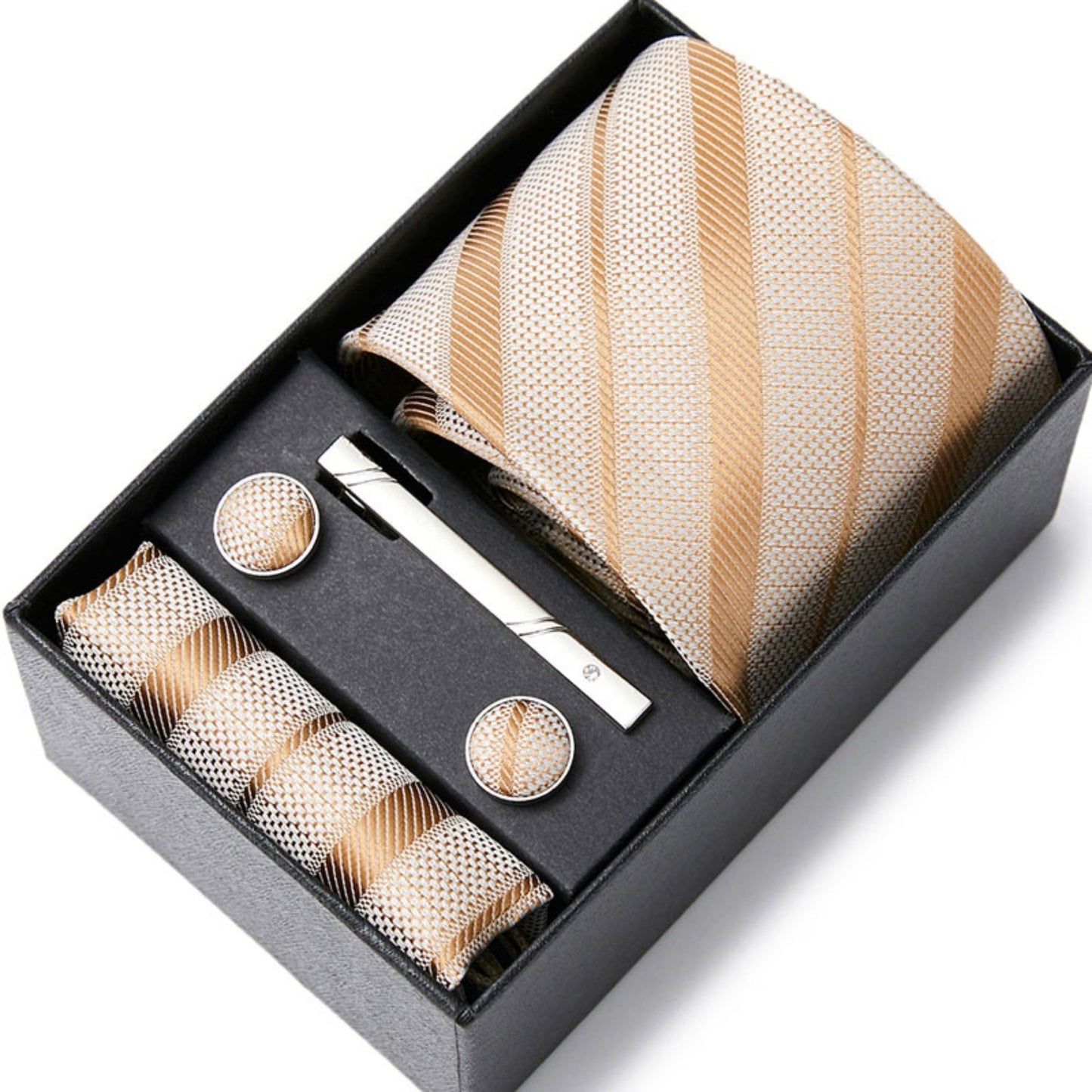 Champagne Gold Stripe Tie Set / Pocket Square, Bowtie, Tie Clip, Cufflinks / Gift for Him / Wedding Groomsmen Gift / Men Gift Box