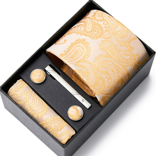 Champagne Gold Paisley Tie Set / Pocket Square, Bowtie, Tie Clip, Cufflinks / Gift for Him / Wedding Groomsmen Gift / Men Gift Box