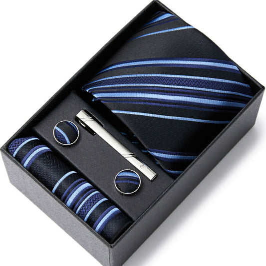 Black and Blue Stripe Tie Set / Pocket Square, Bowtie, Tie Clip, Cufflinks / Gift for Him / Wedding Groomsmen Gift / Men Gift Box