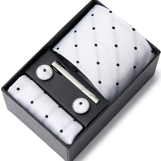 White Dot Pattern Tie Set / Pocket Square, Bowtie, Tie Clip, Cufflinks / Gift for Him / Wedding Groomsmen Gift / Men Gift Box