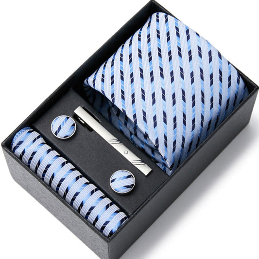 Light Blue Stripe Tie Set / Pocket Square, Bowtie, Tie Clip, Cufflinks / Gift for Him / Wedding Groomsmen Gift / Men Gift Box