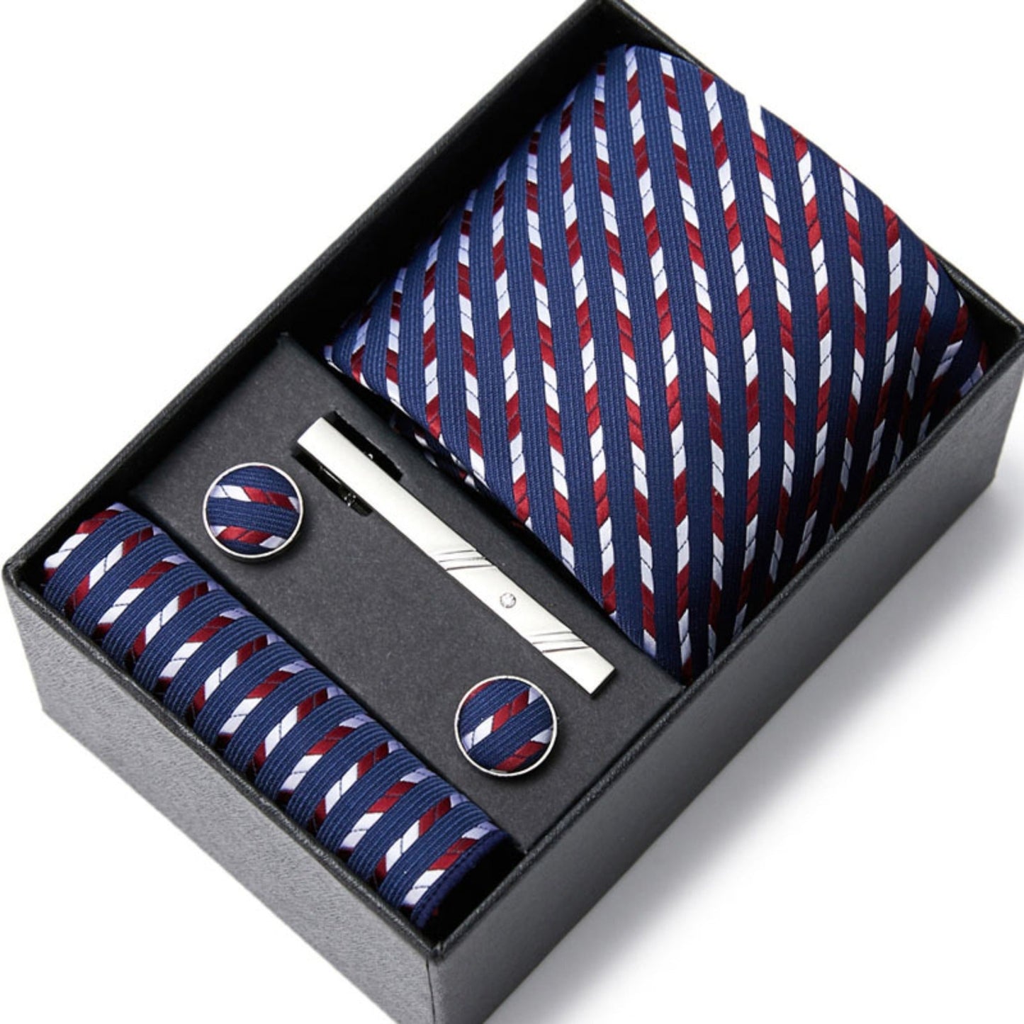 Navy Blue and Red Stripe Tie Set / Pocket Square, Bowtie, Tie Clip, Cufflinks / Gift for Him / Wedding Groomsmen Gift / Men Gift Box