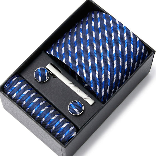 Royal Blue with White Stripe Tie Set / Pocket Square, Bowtie, Tie Clip, Cufflinks / Gift for Him / Wedding Groomsmen Gift / Men Gift Box