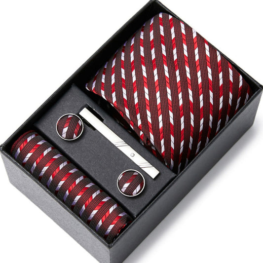 Dark Red Stripe Tie Set / Pocket Square, Bowtie, Tie Clip, Cufflinks / Gift for Him / Wedding Groomsmen Gift / Men Gift Box