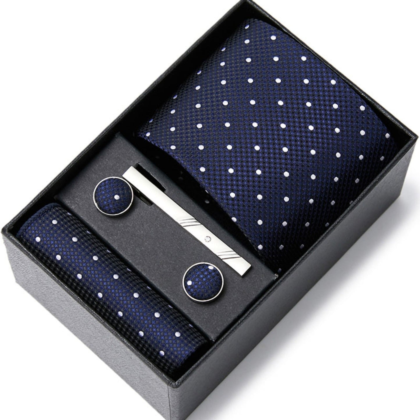 Navy Blue White Dot Pattern Tie Set / Pocket Square, Bowtie, Tie Clip, Cufflinks / Gift for Him / Wedding Groomsmen Gift / Men Gift Box