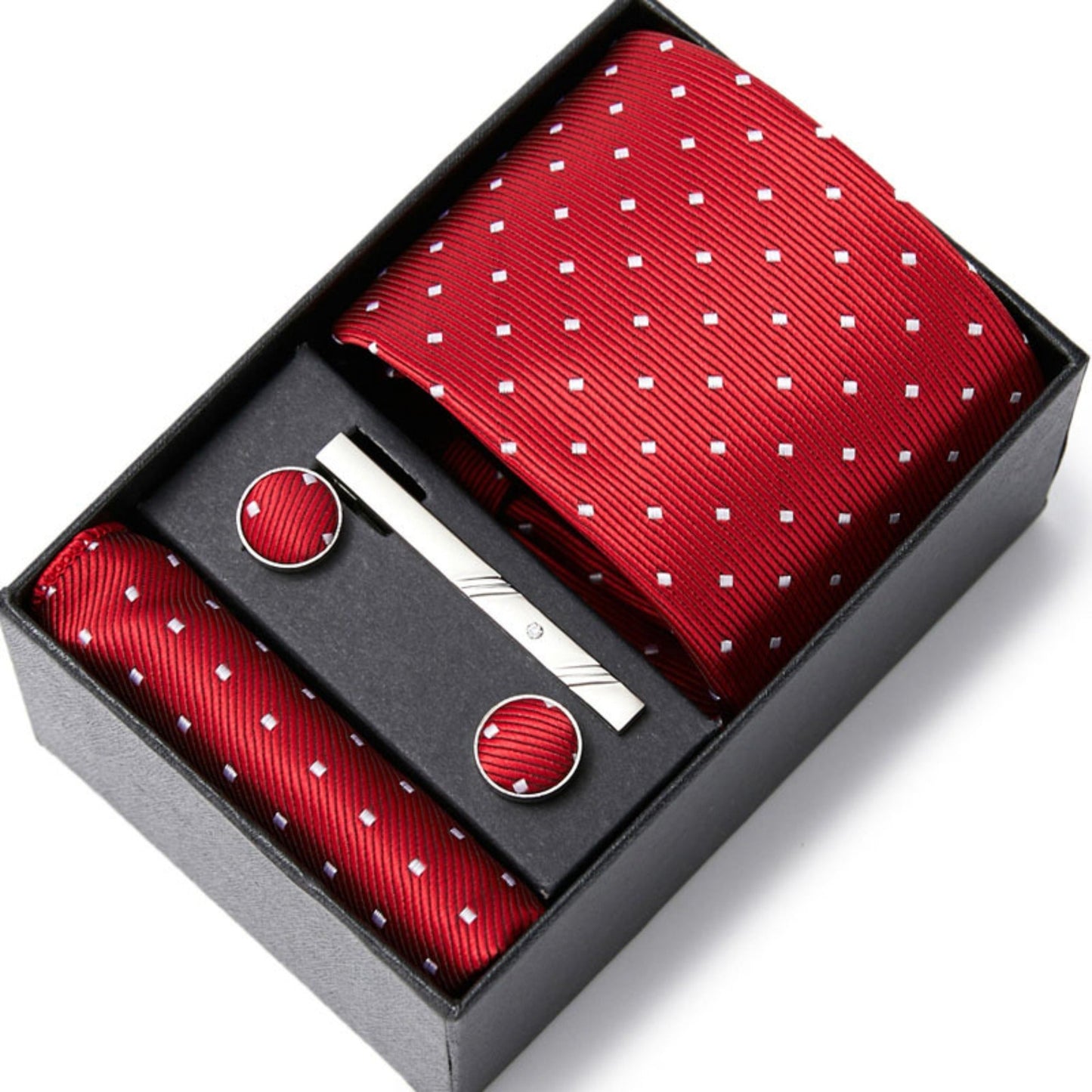 Red Diamond Pattern Tie Set / Pocket Square, Bowtie, Tie Clip, Cufflinks / Gift for Him / Wedding Groomsmen Gift / Men Gift Box