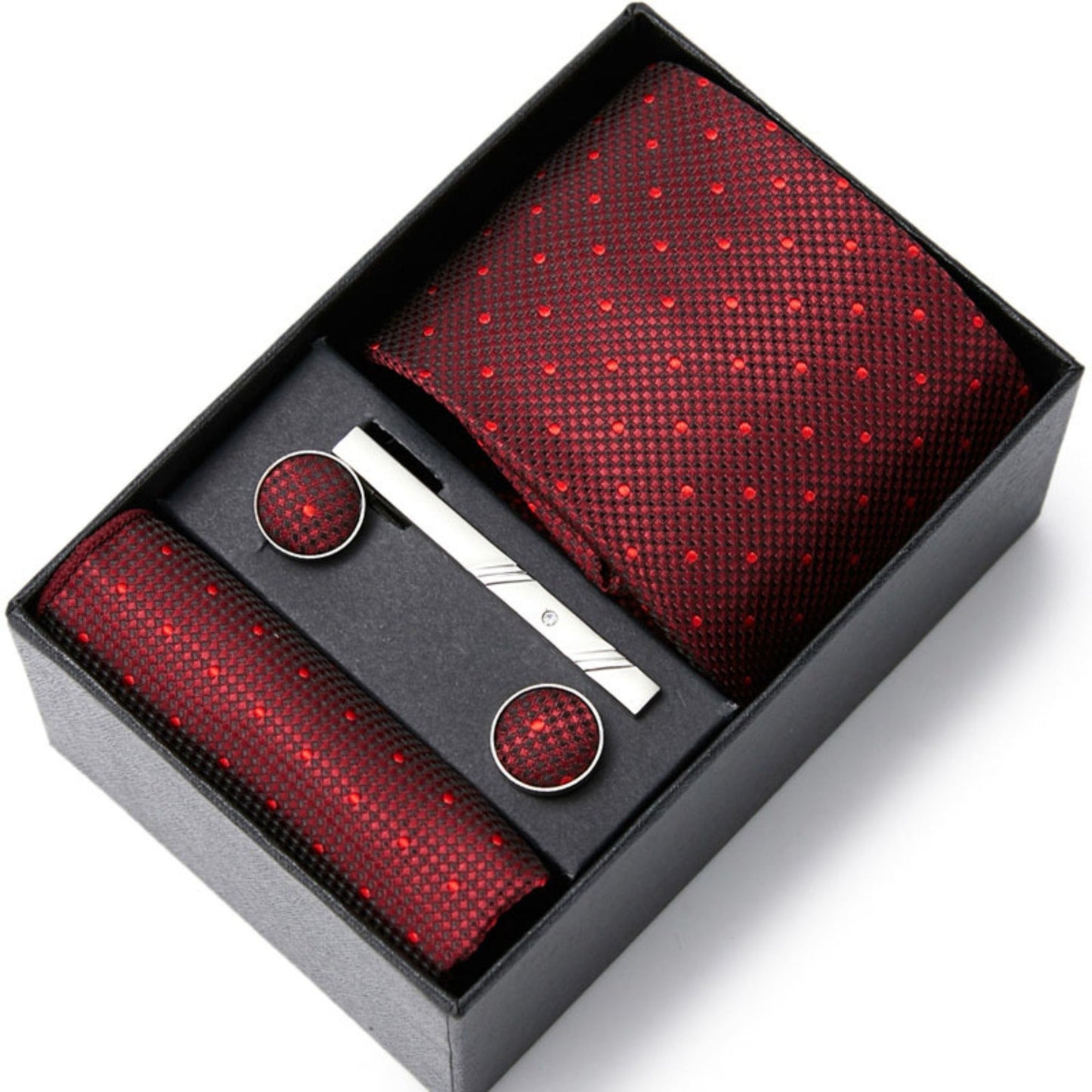 Burgundy Red Dot Pattern Tie Set / Pocket Square, Bowtie, Tie Clip, Cufflinks / Gift for Him / Wedding Groomsmen Gift / Men Gift Box