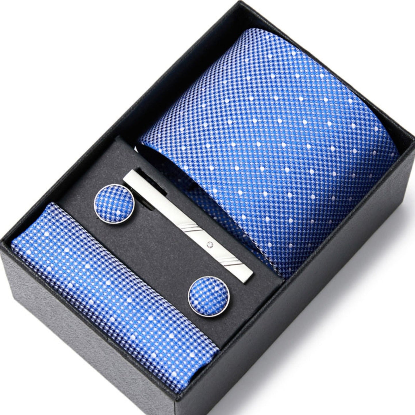 Light Blue Dot Pattern Tie Set / Pocket Square, Bowtie, Tie Clip, Cufflinks / Gift for Him / Wedding Groomsmen Gift / Men Gift Box