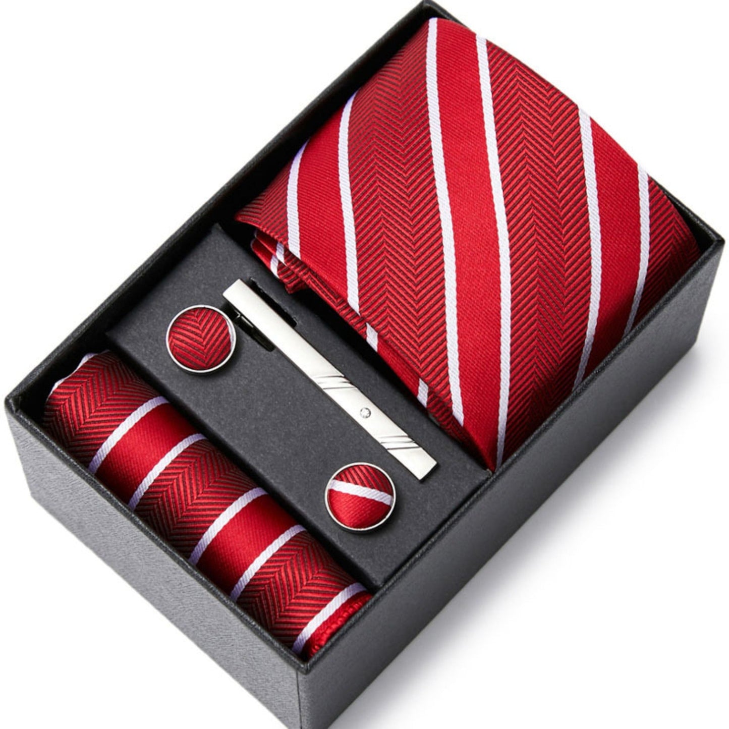 Red Stripe Tie Set / Pocket Square, Bowtie, Tie Clip, Cufflinks / Gift for Him / Wedding Groomsmen Gift / Men Gift Box