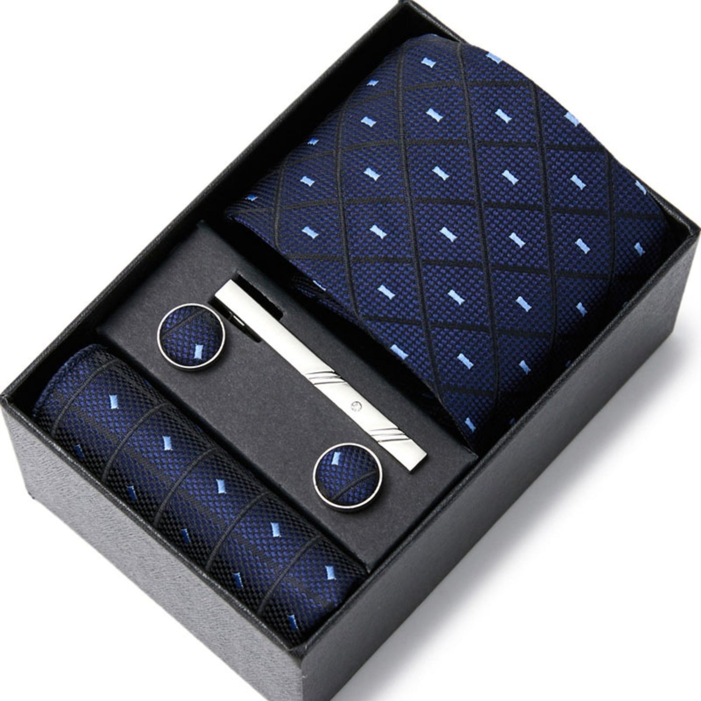 Navy Blue Diamond Tie Set / Pocket Square, Bowtie, Tie Clip, Cufflinks / Gift for Him / Wedding Groomsmen Gift / Men Gift Box