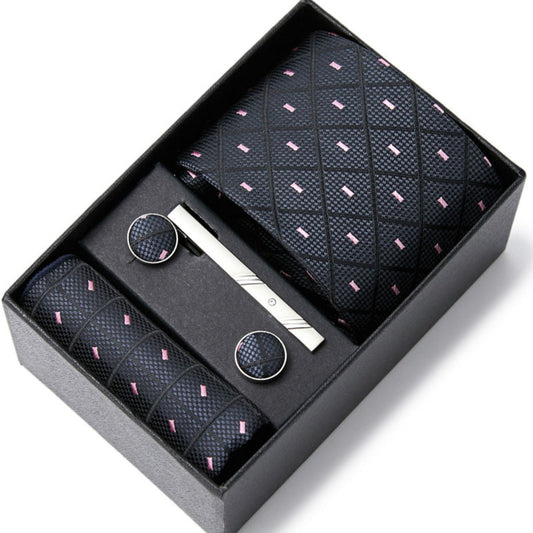 Dark Gray and Pink Diamond Tie Set / Pocket Square, Bowtie, Tie Clip, Cufflinks / Gift for Him / Wedding Groomsmen Gift / Men Gift Box