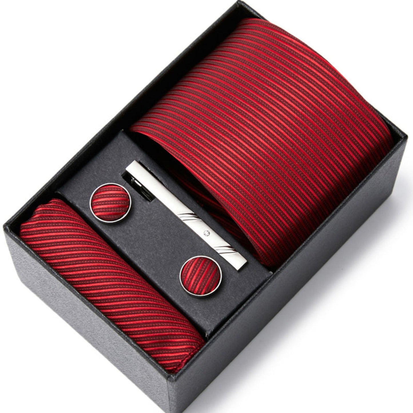 Red Wine Stripe Tie Set / Pocket Square, Bowtie, Tie Clip, Cufflinks / Gift for Him / Wedding Groomsmen Gift / Men Gift Box