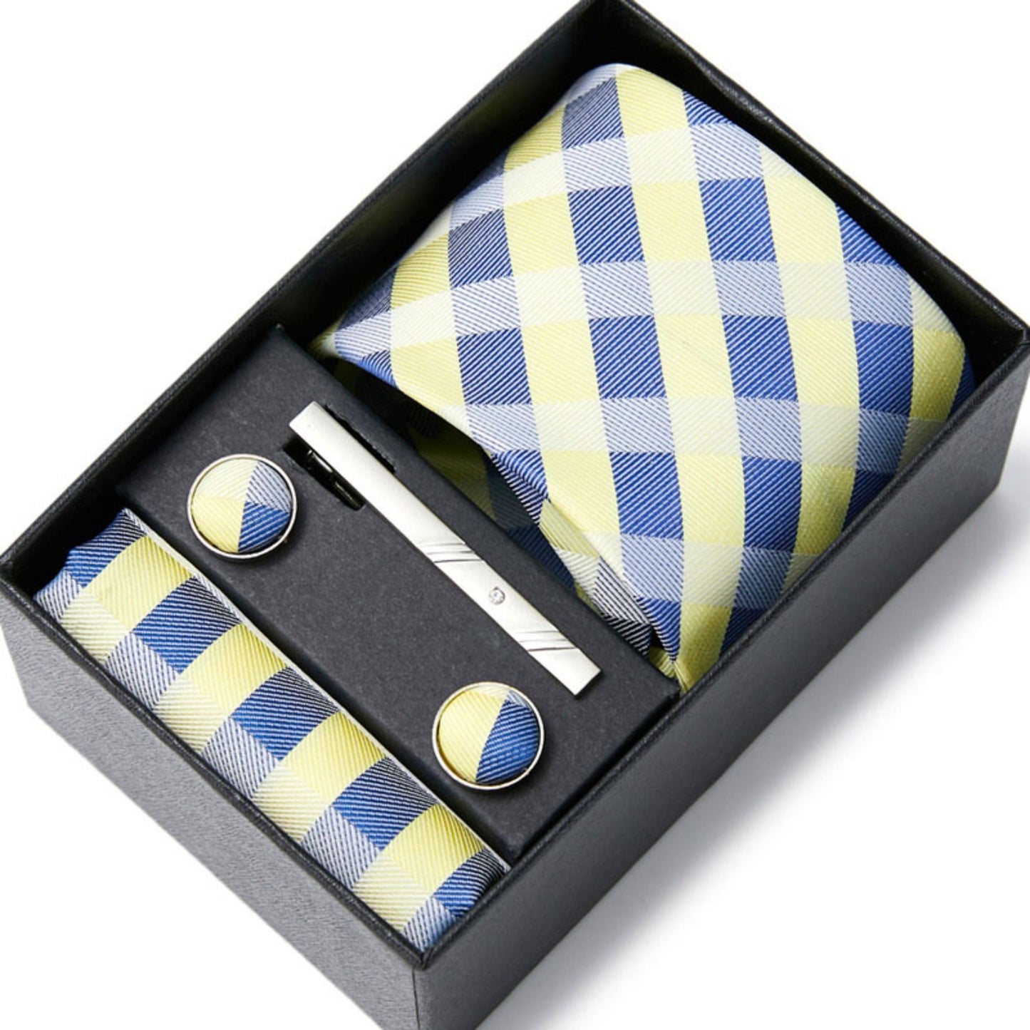 Lemon and Blue Diamond Tie Set / Pocket Square, Bowtie, Tie Clip, Cufflinks / Gift for Him / Wedding Groomsmen Gift / Men Gift Box