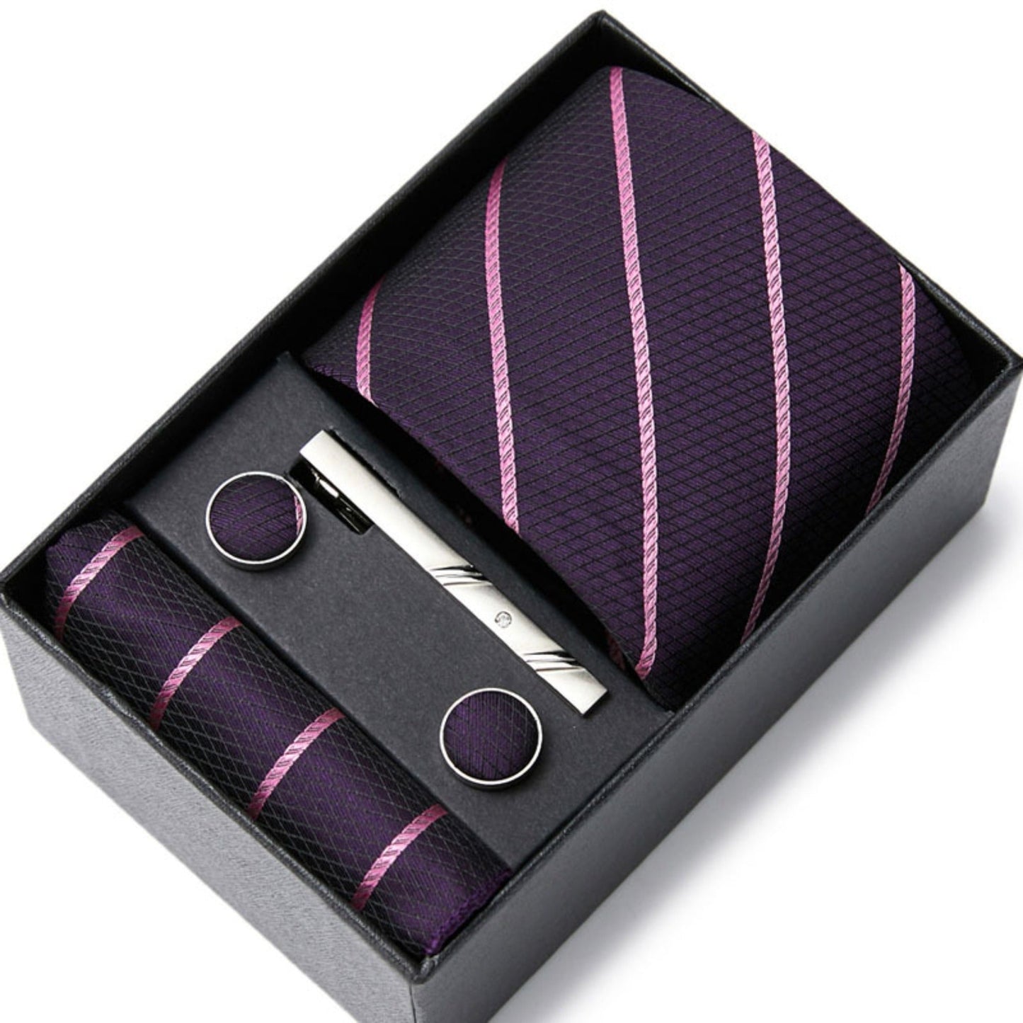 Dark Purple Stripe Tie Set / Pocket Square, Bowtie, Tie Clip, Cufflinks / Gift for Him / Wedding Groomsmen Gift / Men Gift Box