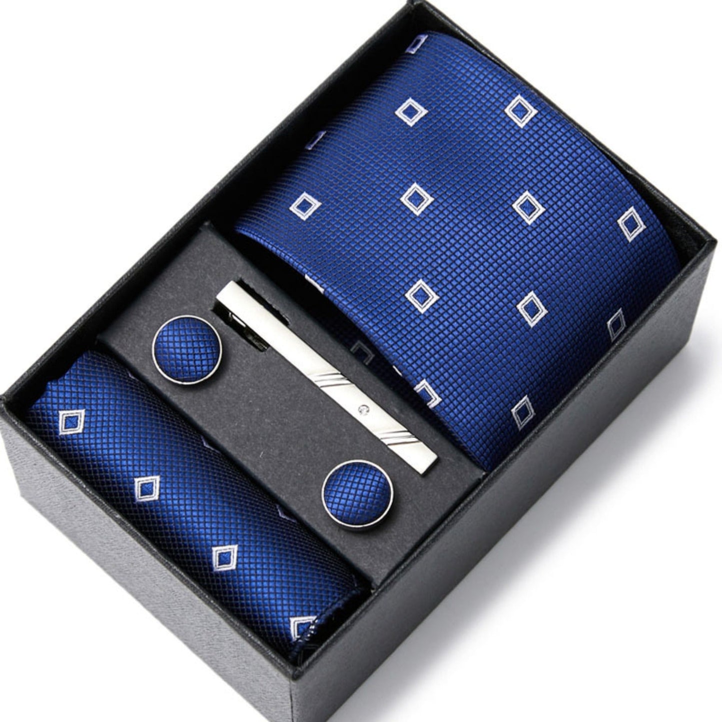 Blue Diamond Pattern Tie Set / Pocket Square, Bowtie, Tie Clip, Cufflinks / Gift for Him / Wedding Groomsmen Gift / Men Gift Box