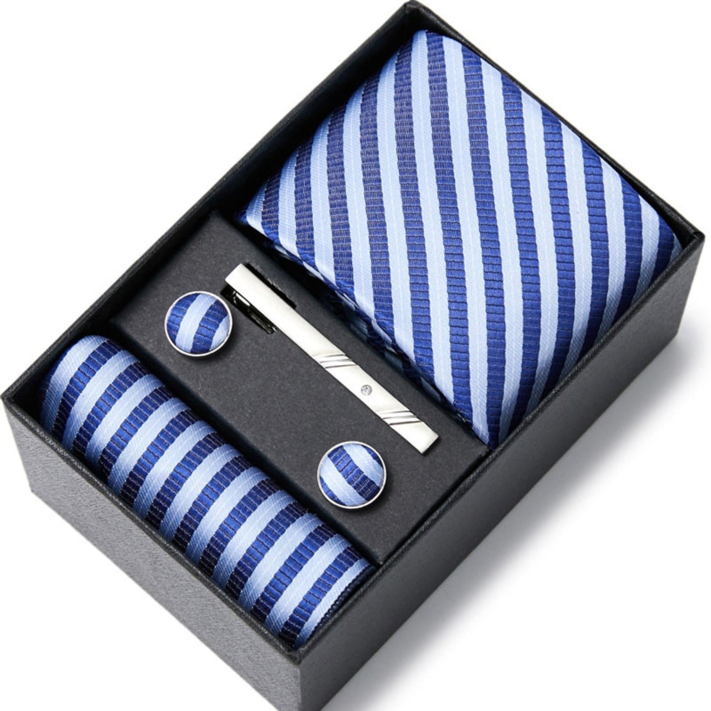 Blue Stripe Tie Set / Pocket Square, Bowtie, Tie Clip, Cufflinks / Gift for Him / Wedding Groomsmen Gift / Men Gift Box