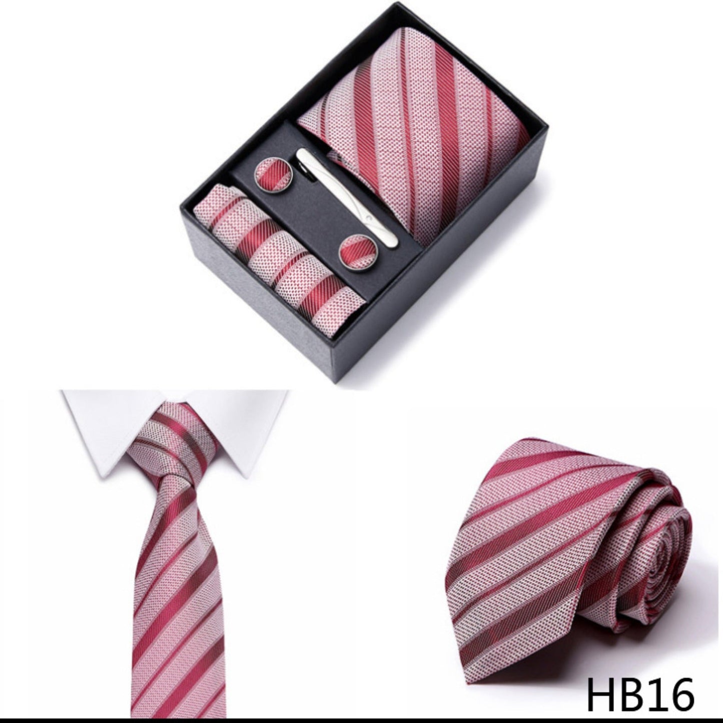 Red and White Stripe Tie Set / Pocket Square, Bowtie, Tie Clip, Cufflinks / Gift for Him / Wedding Groomsmen Gift / Men Gift Box