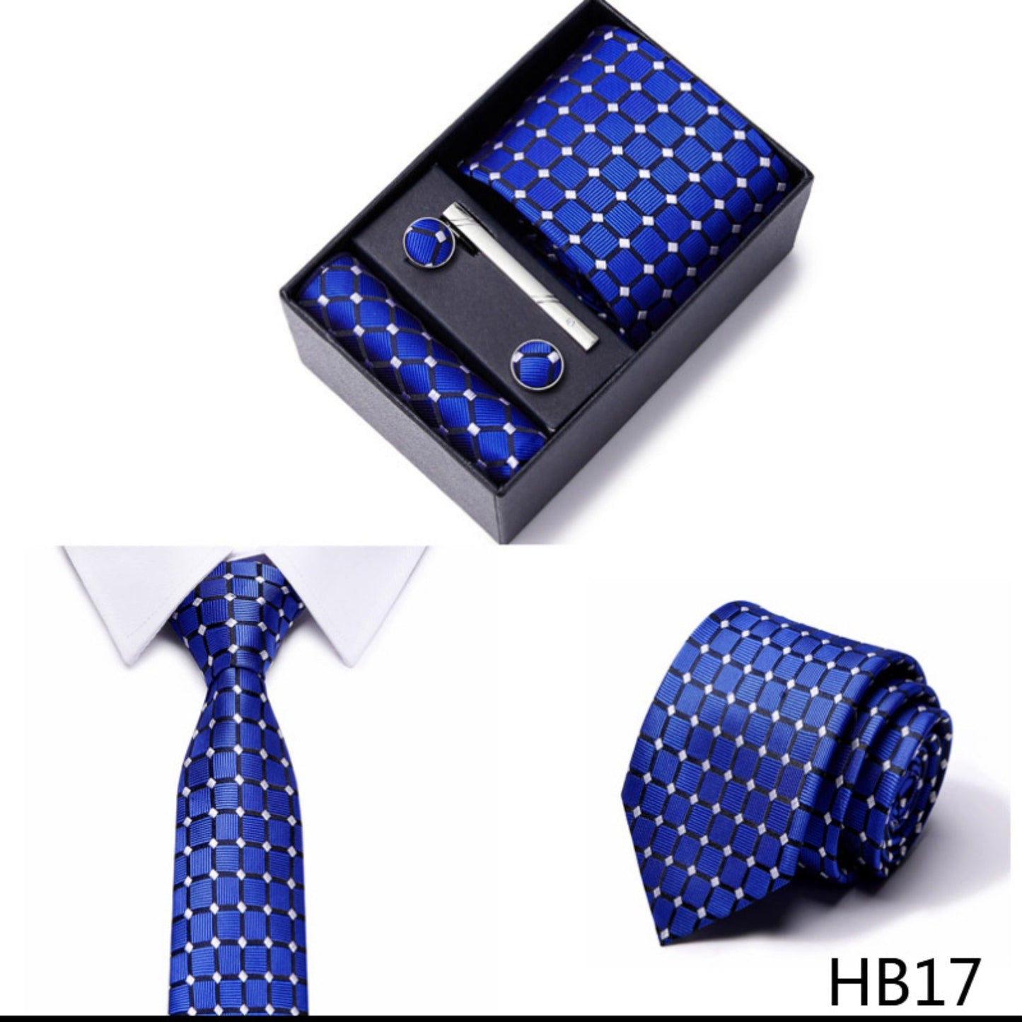 Blue Square Tie Set / Pocket Square, Bowtie, Tie Clip, Cufflinks / Gift for Him / Wedding Groomsmen Gift / Men Gift Box