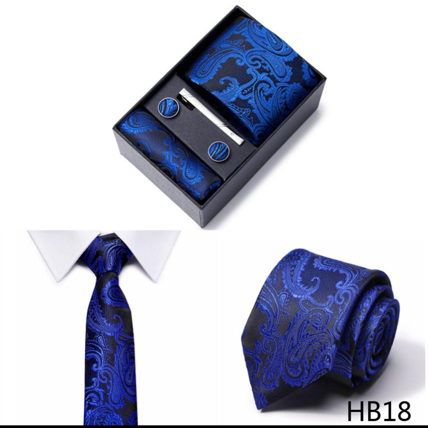 Royal Blue Paisley Tie Set / Pocket Square, Bowtie, Tie Clip, Cufflinks / Gift for Him / Wedding Groomsmen Gift / Men Gift Box