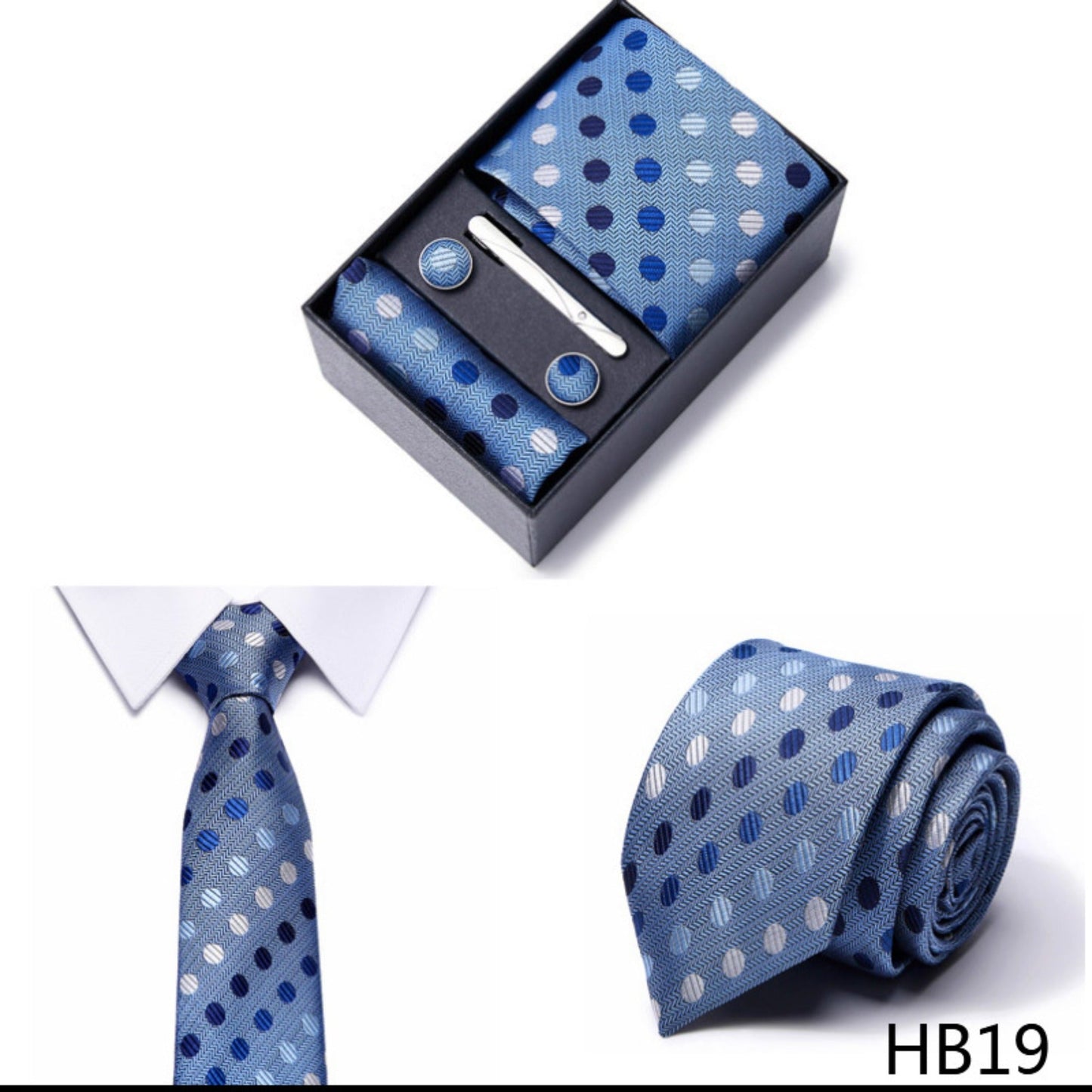 Sky Blue Ball Pattern Tie Set / Pocket Square, Bowtie, Tie Clip, Cufflinks / Gift for Him / Wedding Groomsmen Gift / Men Gift Box