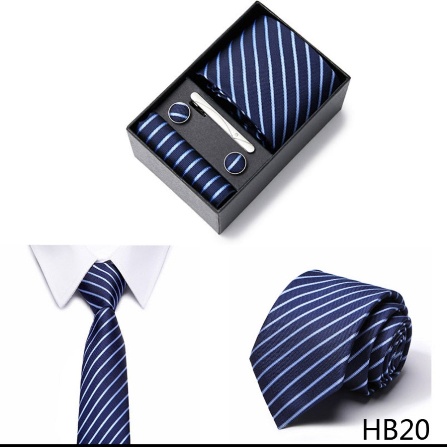 Navy Blue Stripe Tie Set / Pocket Square, Bowtie, Tie Clip, Cufflinks / Gift for Him / Wedding Groomsmen Gift / Men Gift Box