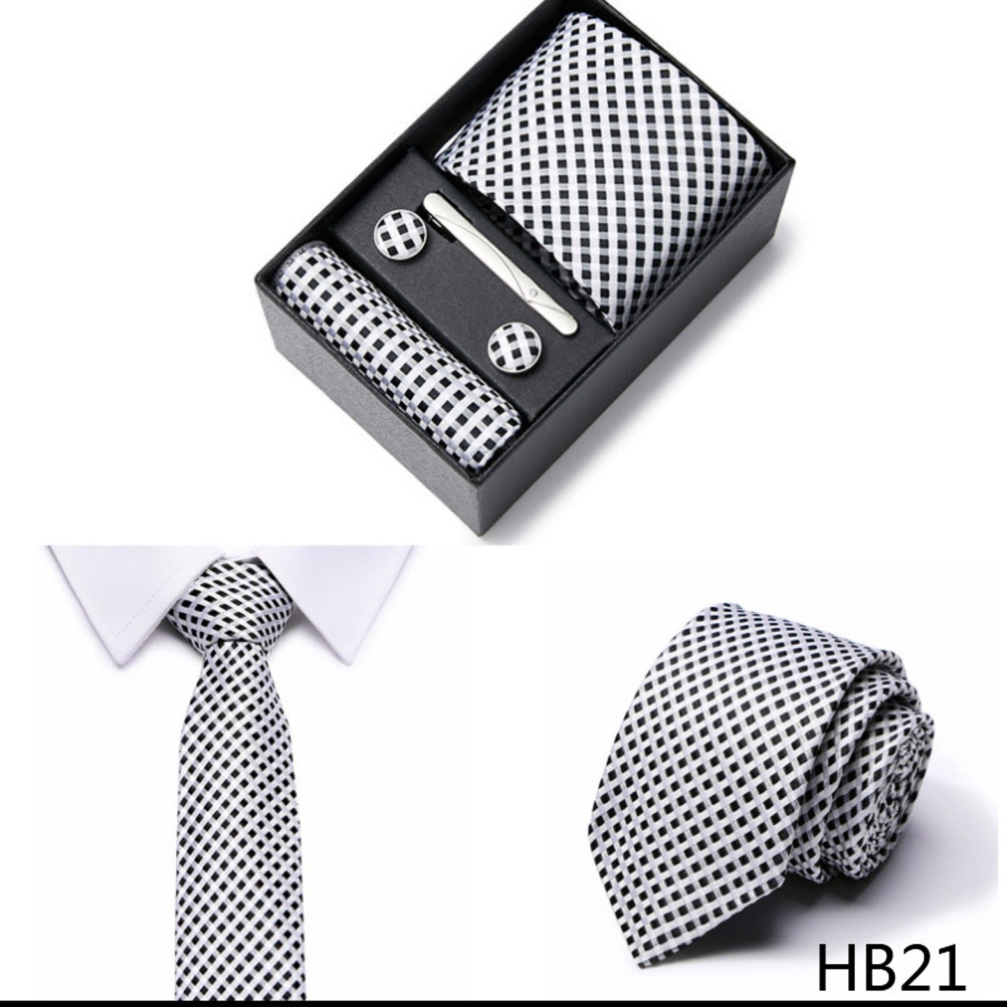 Black and White Square Pattern Tie Set / Pocket Square, Bowtie, Tie Clip, Cufflinks / Gift for Him / Wedding Groomsmen Gift / Men Gift Box