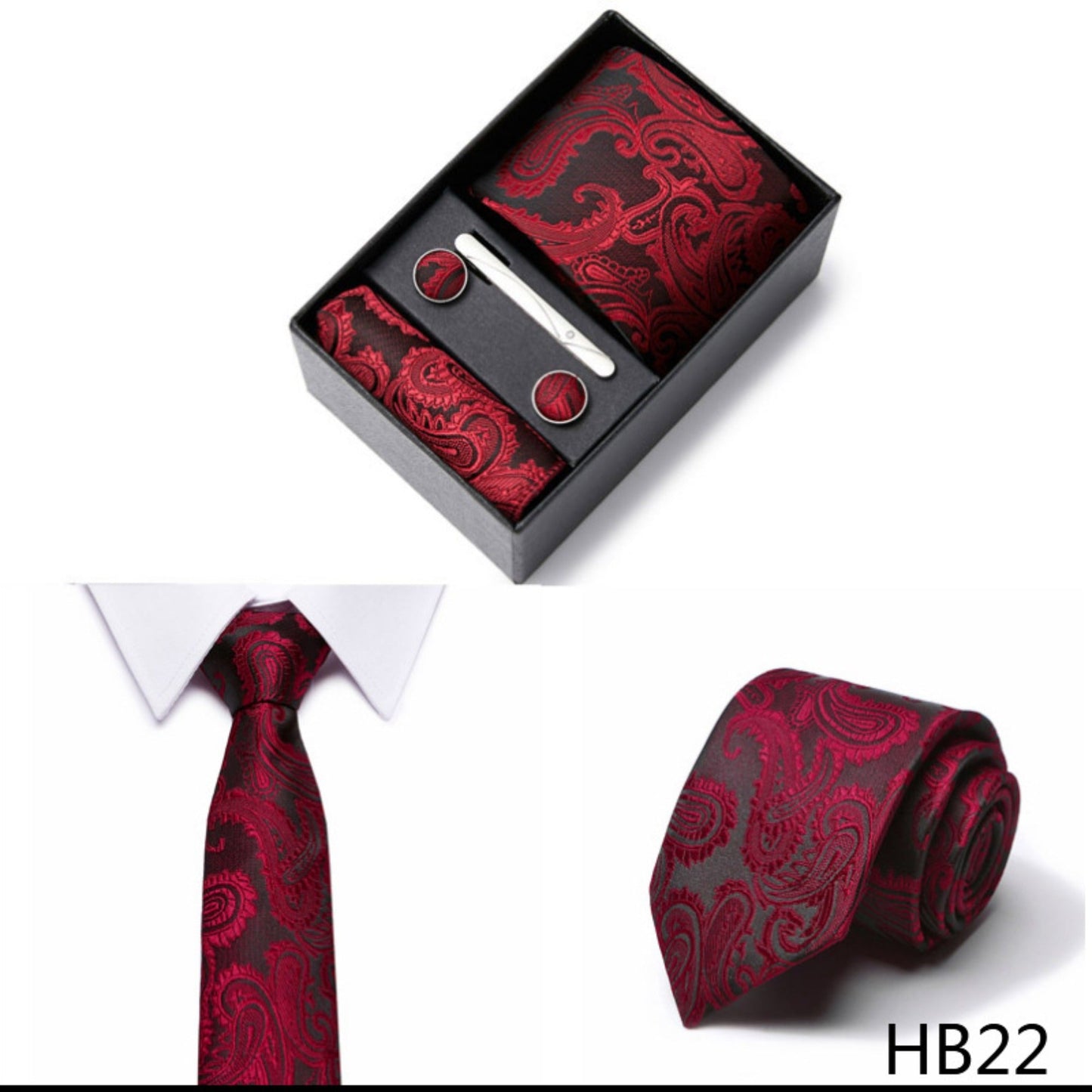 Burgundy Red Paisley Tie Set / Pocket Square Tie Bowtie Cufflinks Set / Wedding Tie / Tie Clips / Gift for him Mens anniversary Groomsmen Gift