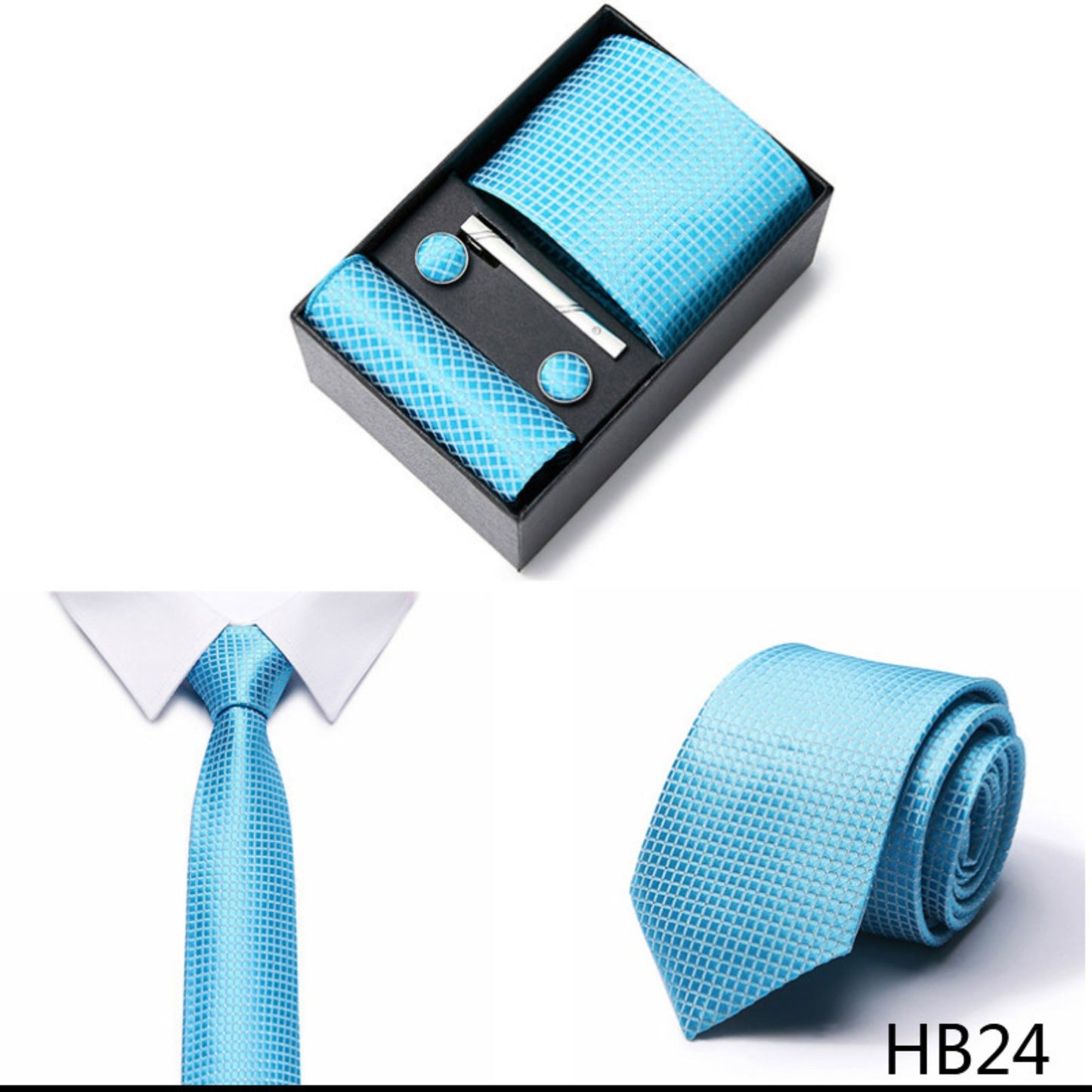 Cyan Blue Tie Set / Pocket Square, Bowtie, Tie Clip, Cufflinks / Gift for Him / Wedding Groomsmen Gift / Men Gift Box