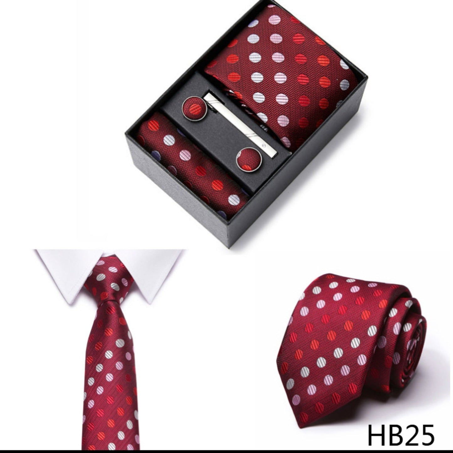 Dark Red Ball Pattern Tie Set / Pocket Square, Bowtie, Tie Clip, Cufflinks / Gift for Him / Wedding Groomsmen Gift / Men Gift Box