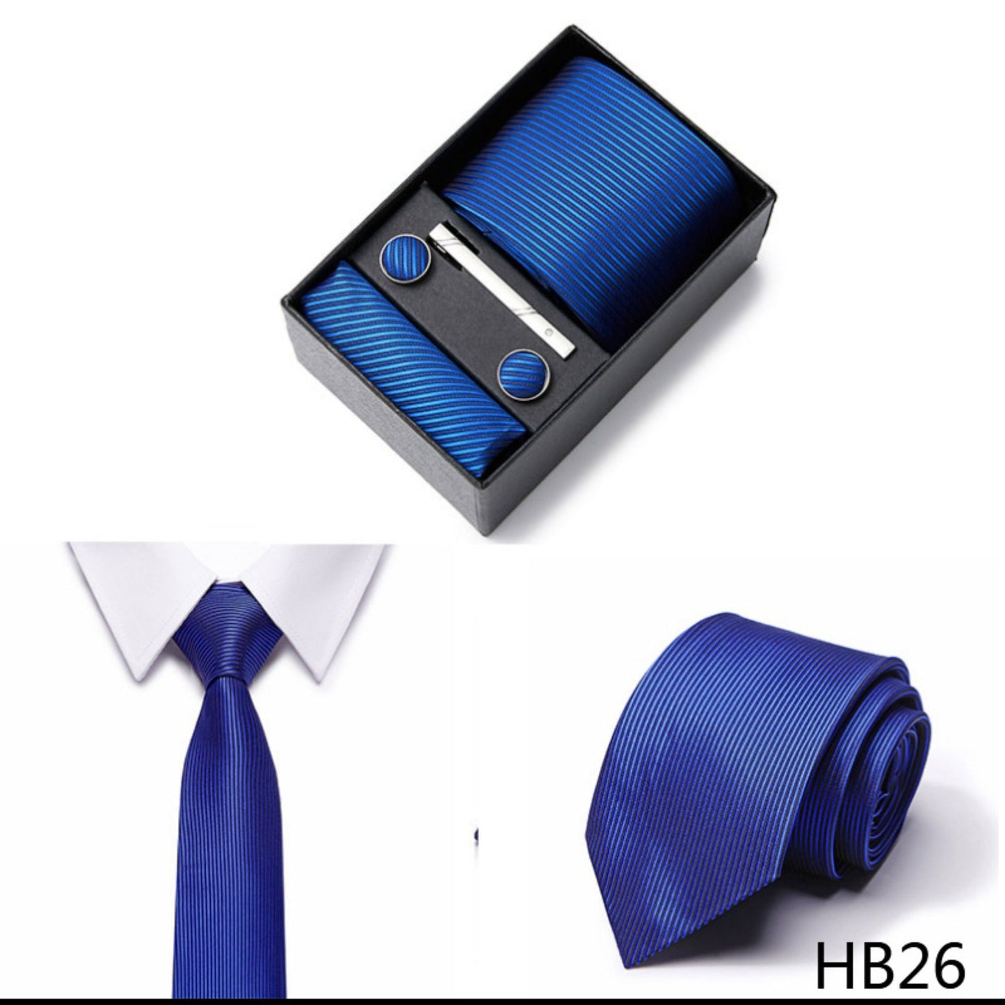 Royal Blue Stripe Tie Set / Pocket Square, Bowtie, Tie Clip, Cufflinks / Gift for Him / Wedding Groomsmen Gift / Men Gift Box