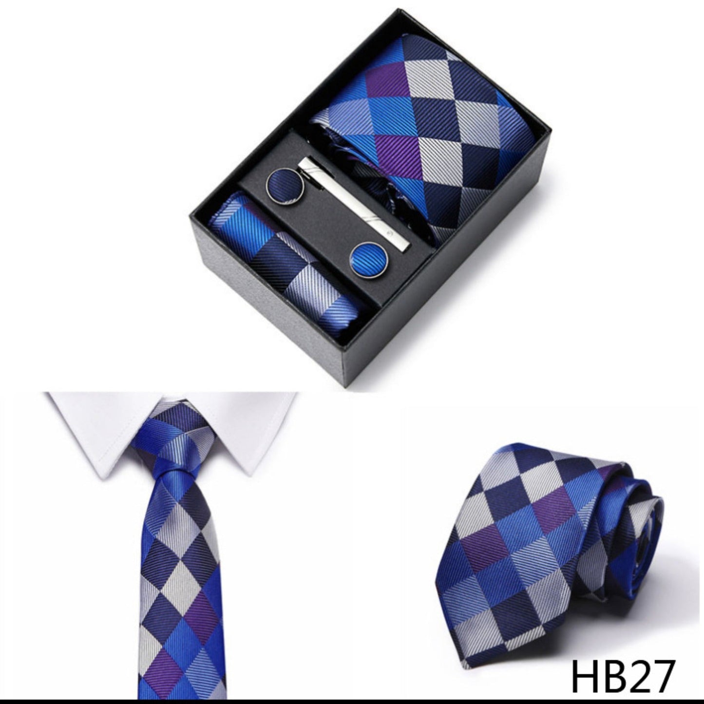 Blue and Purple Diamond Shape Tie Set / Pocket Square, Bowtie, Tie Clip, Cufflinks / Gift for Him / Wedding Groomsmen Gift / Men Gift Box