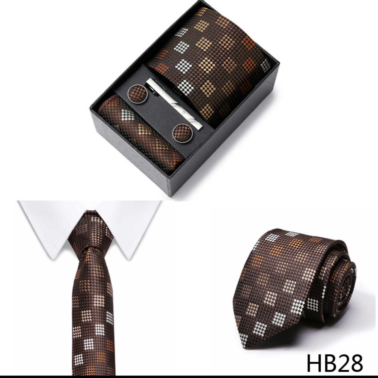 Chocolate Brown Square Pattern Tie Set / Pocket Square, Bowtie, Tie Clip, Cufflinks / Gift for Him / Wedding Groomsmen Gift / Men Gift Box