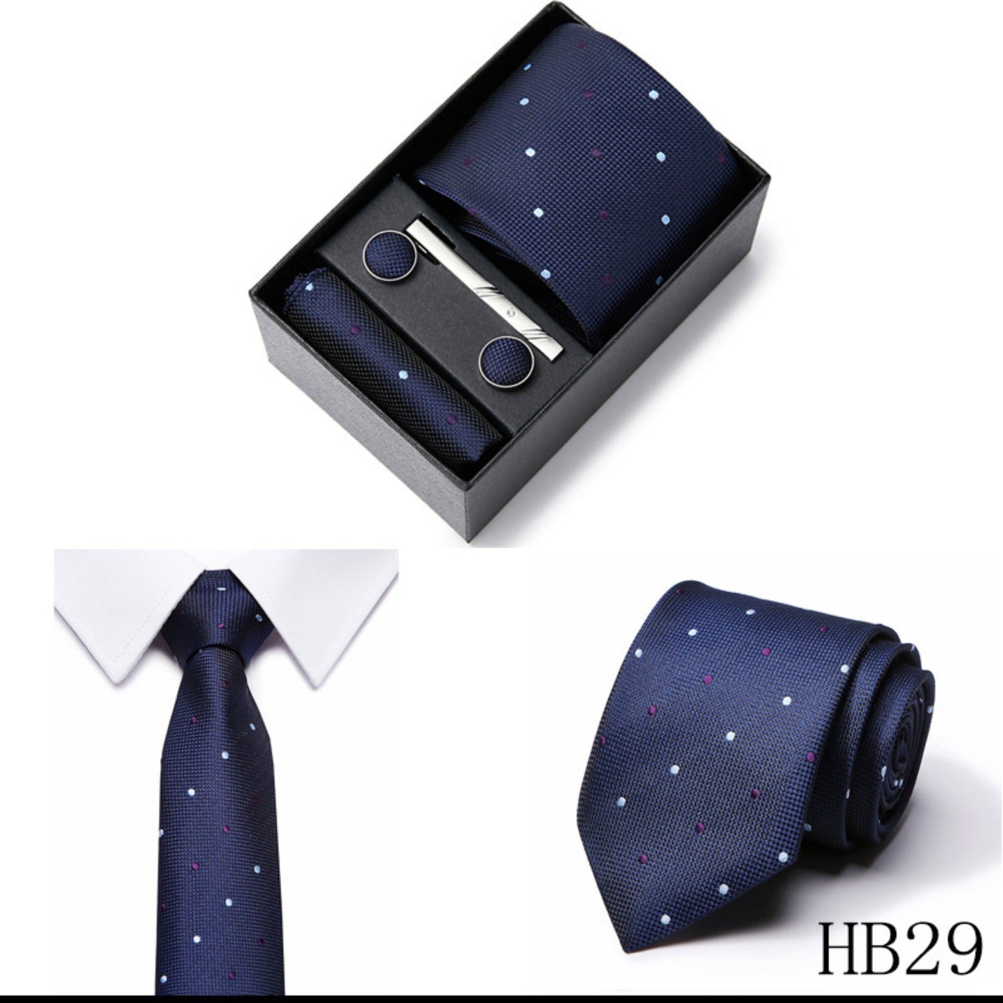 Navy Blue Dot Pattern Tie Set / Pocket Square, Bowtie, Tie Clip, Cufflinks / Gift for Him / Wedding Groomsmen Gift / Men Gift Box