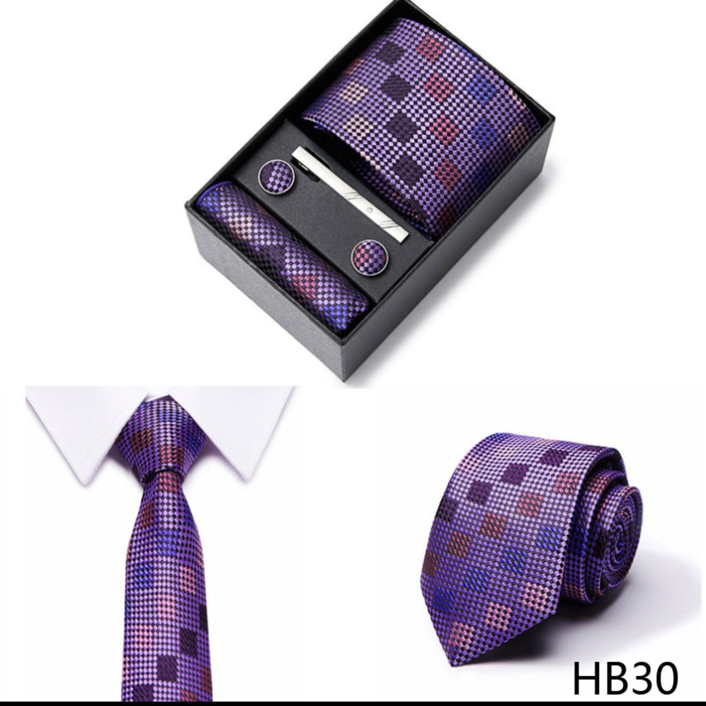 Purple Square Pattern Tie Set / Pocket Square, Bowtie, Tie Clip, Cufflinks / Gift for Him / Wedding Groomsmen Gift / Men Gift Box