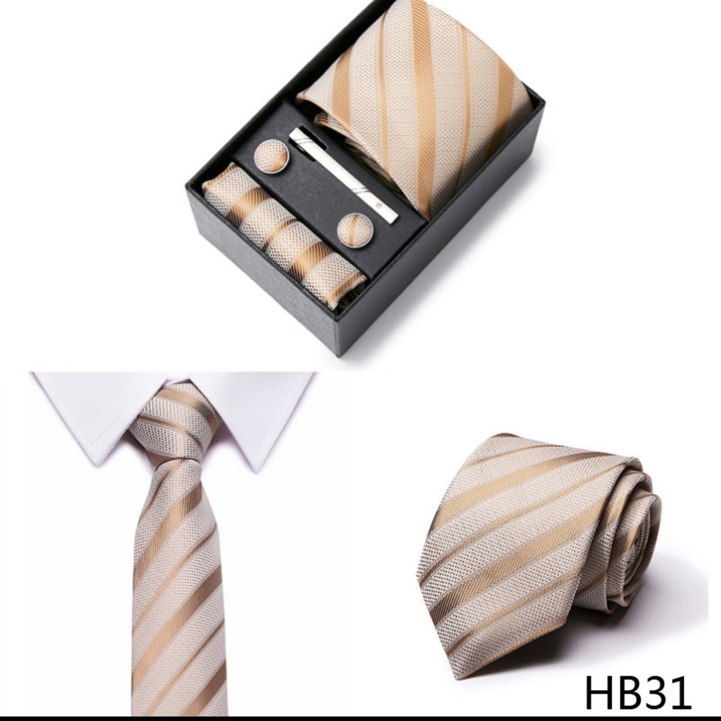 Champagne Gold Stripe Tie Set / Pocket Square, Bowtie, Tie Clip, Cufflinks / Gift for Him / Wedding Groomsmen Gift / Men Gift Box