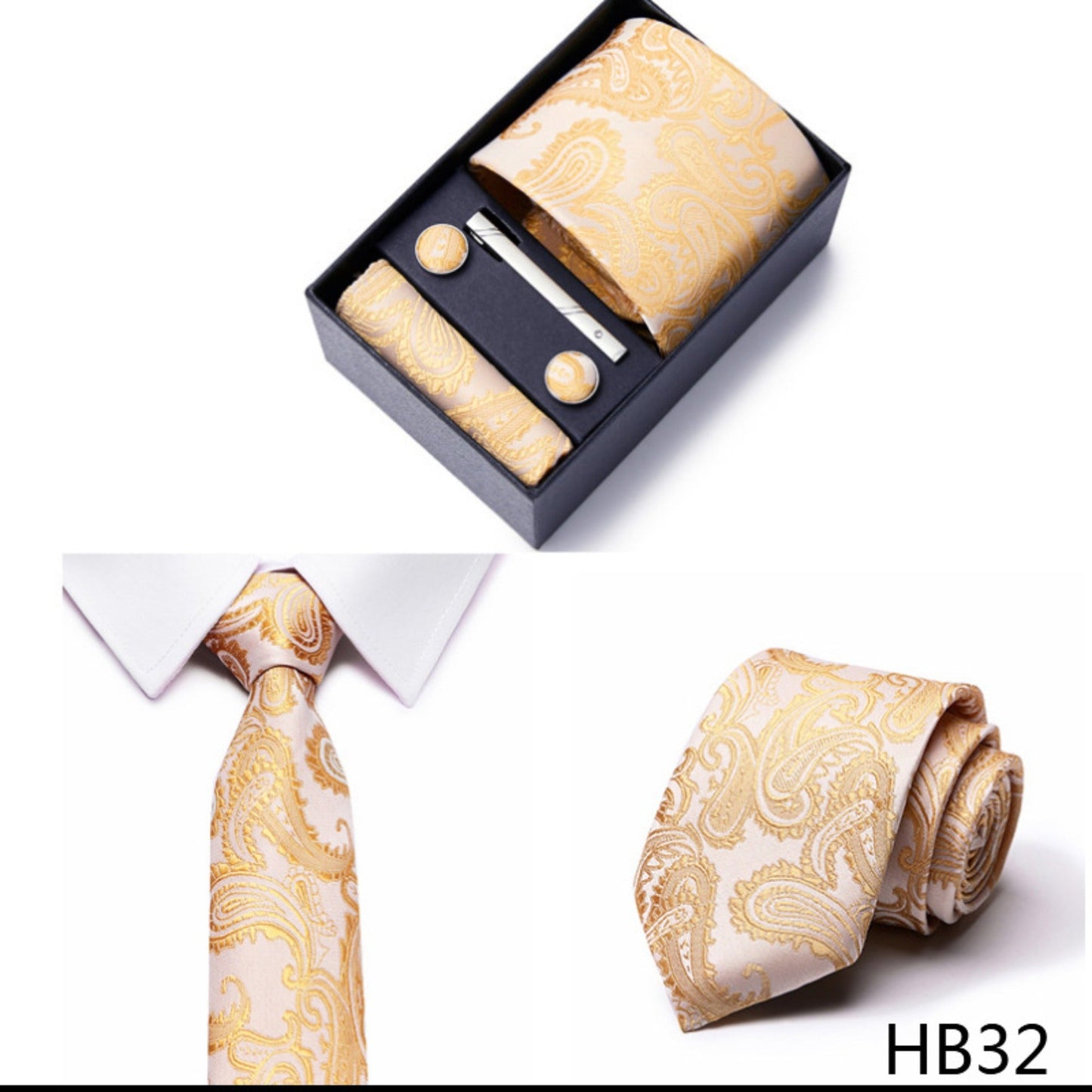 Champagne Gold Paisley Tie Set / Pocket Square, Bowtie, Tie Clip, Cufflinks / Gift for Him / Wedding Groomsmen Gift / Men Gift Box