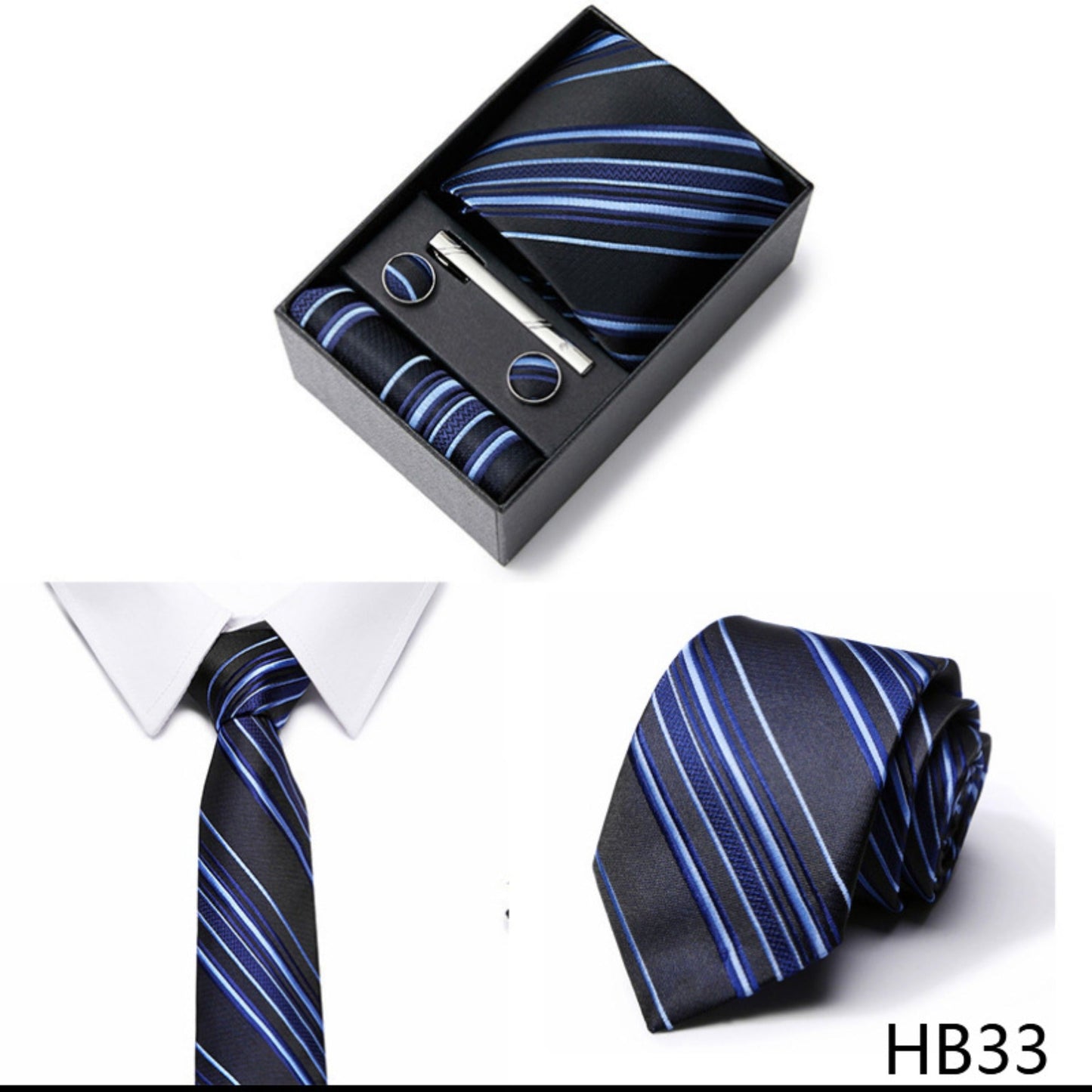 Black and Blue Stripe Tie Set / Pocket Square, Bowtie, Tie Clip, Cufflinks / Gift for Him / Wedding Groomsmen Gift / Men Gift Box