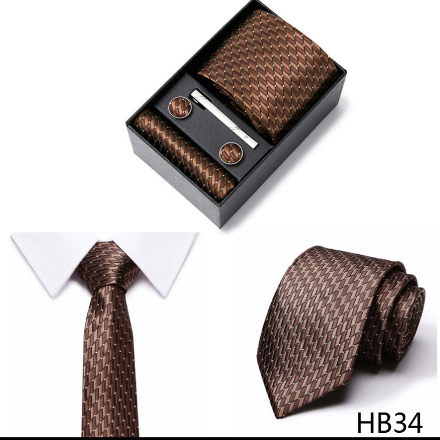 Brown Stripe Tie Set / Pocket Square, Bowtie, Tie Clip, Cufflinks / Gift for Him / Wedding Groomsmen Gift / Men Gift Box