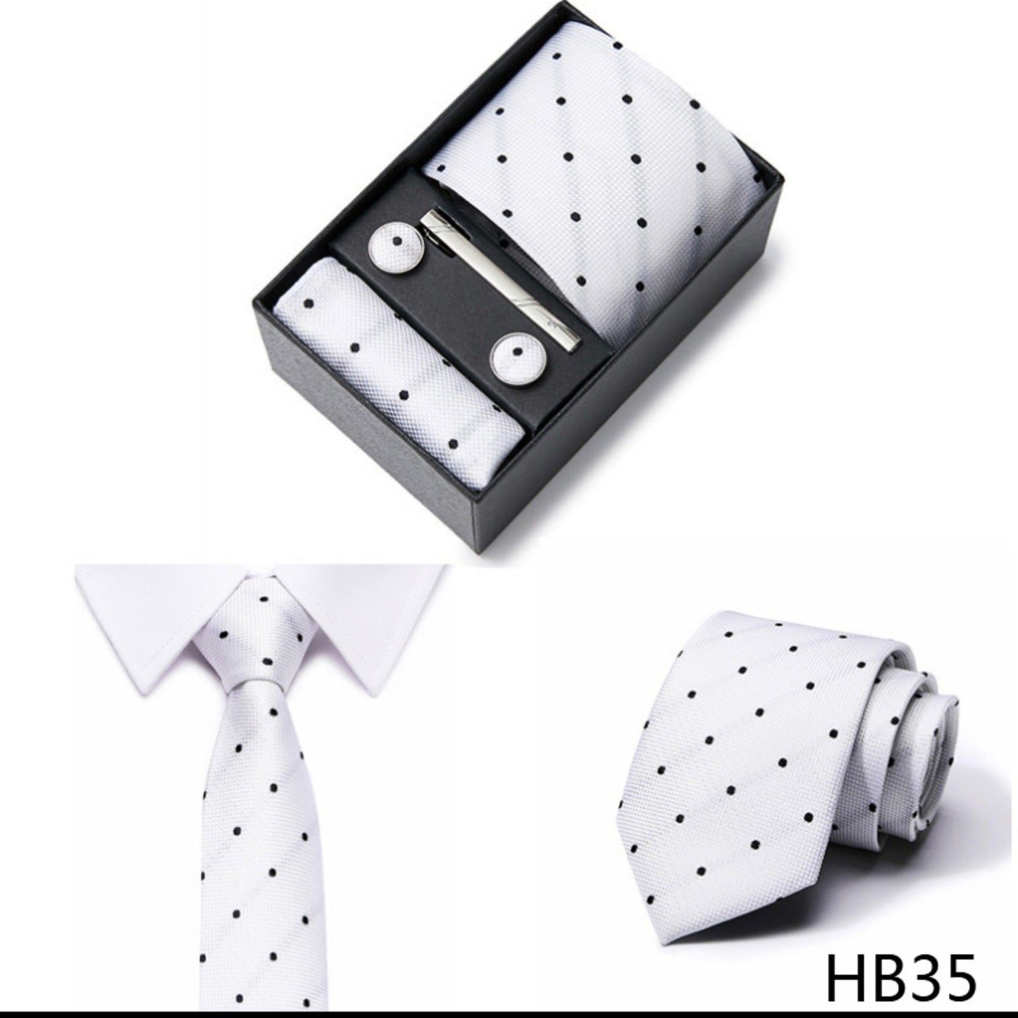 White Dot Pattern Tie Set / Pocket Square, Bowtie, Tie Clip, Cufflinks / Gift for Him / Wedding Groomsmen Gift / Men Gift Box