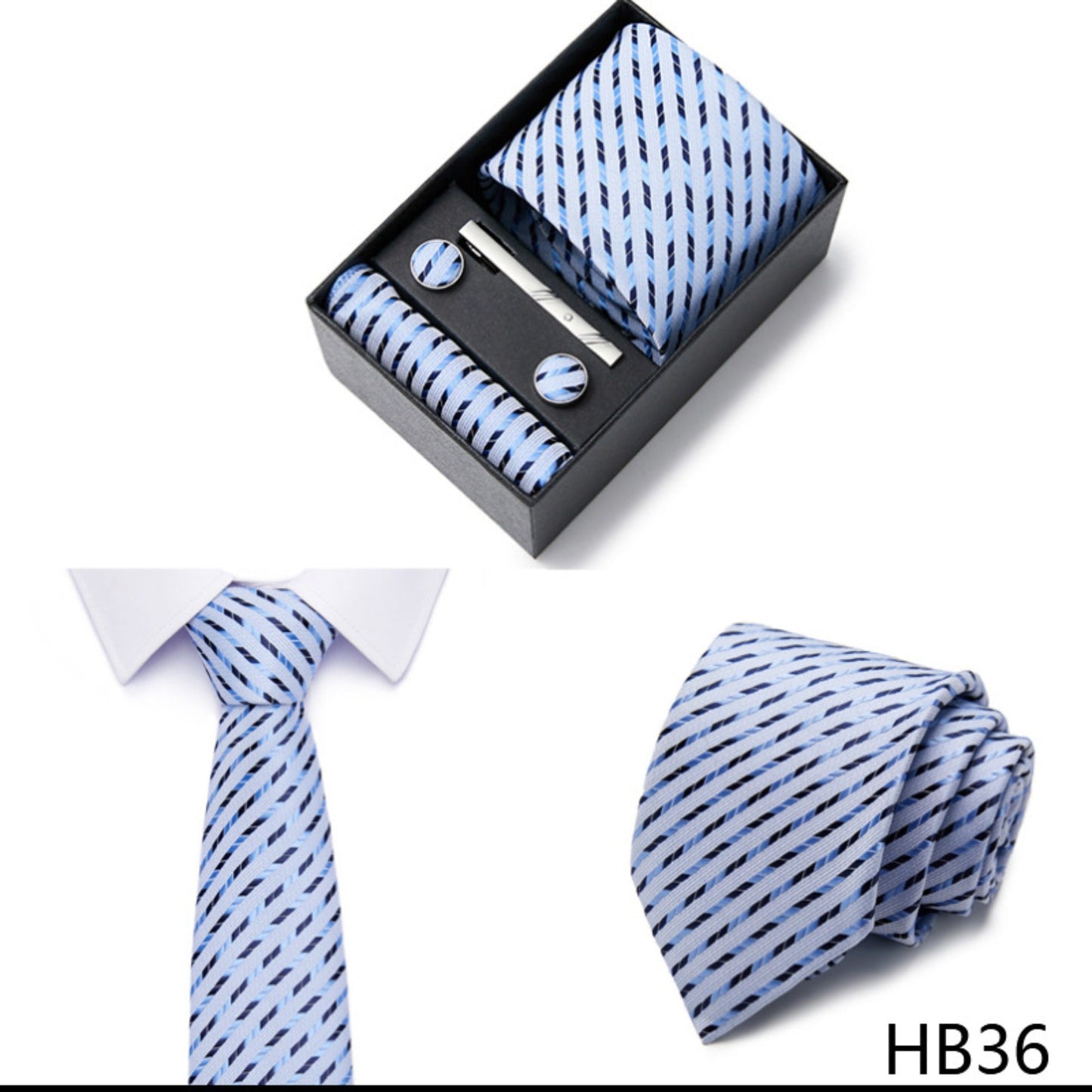 Light Blue Stripe Tie Set / Pocket Square, Bowtie, Tie Clip, Cufflinks / Gift for Him / Wedding Groomsmen Gift / Men Gift Box